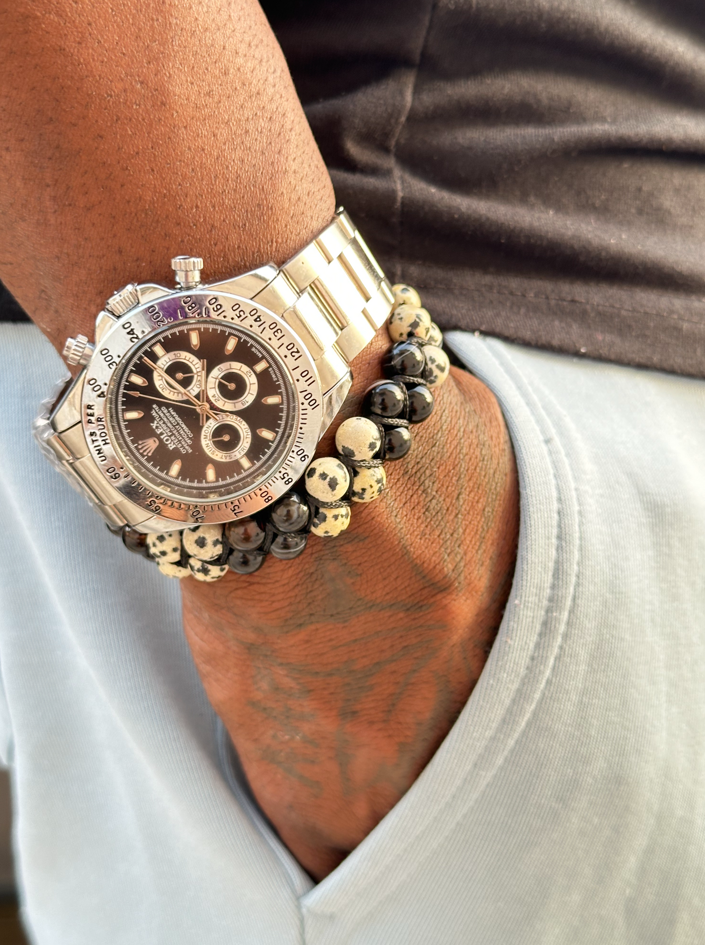 Double Row Dalmatian Jasper and Stripe Agate Bracelet