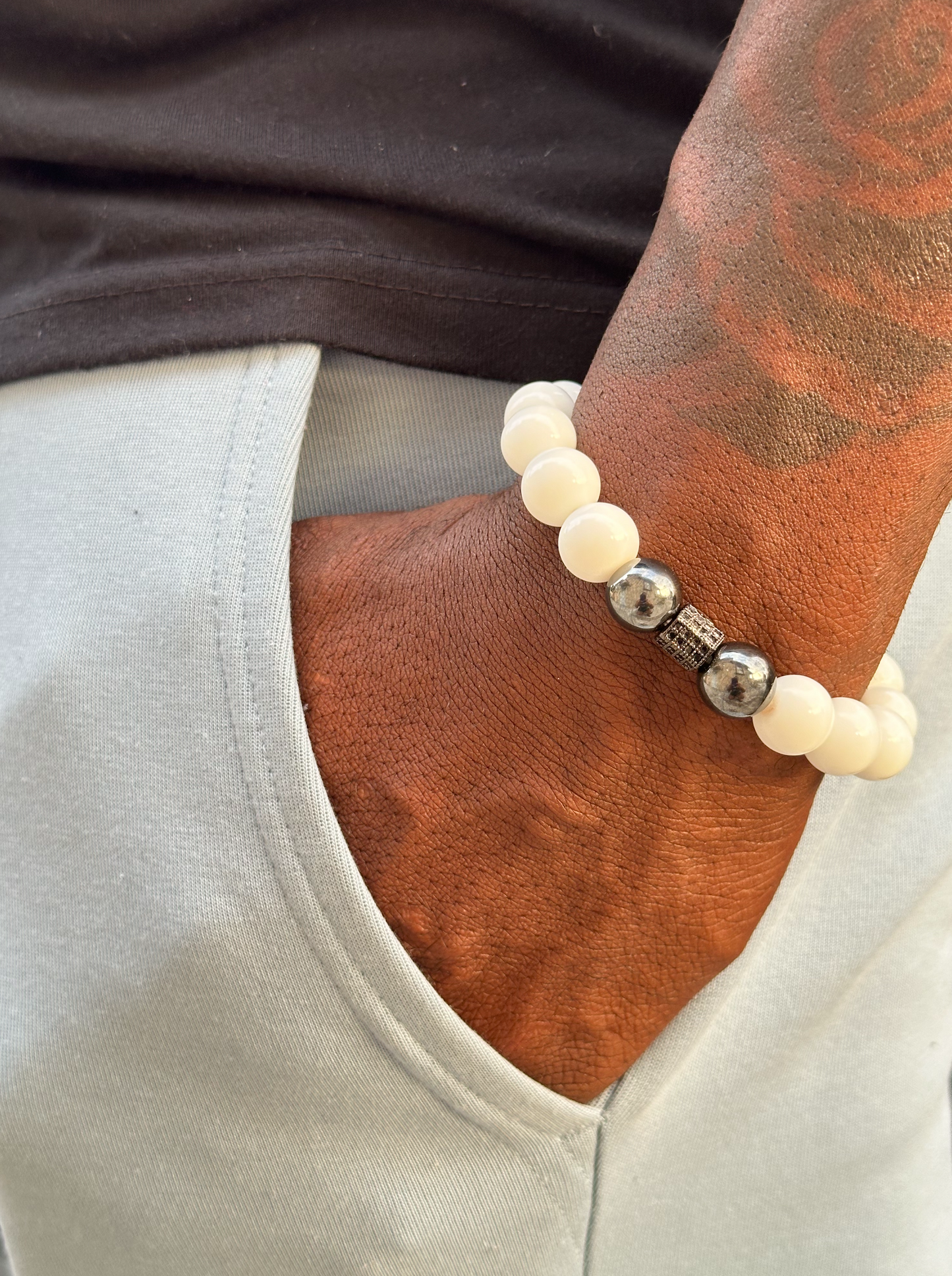 White Jade and Black Hematite Bracelet