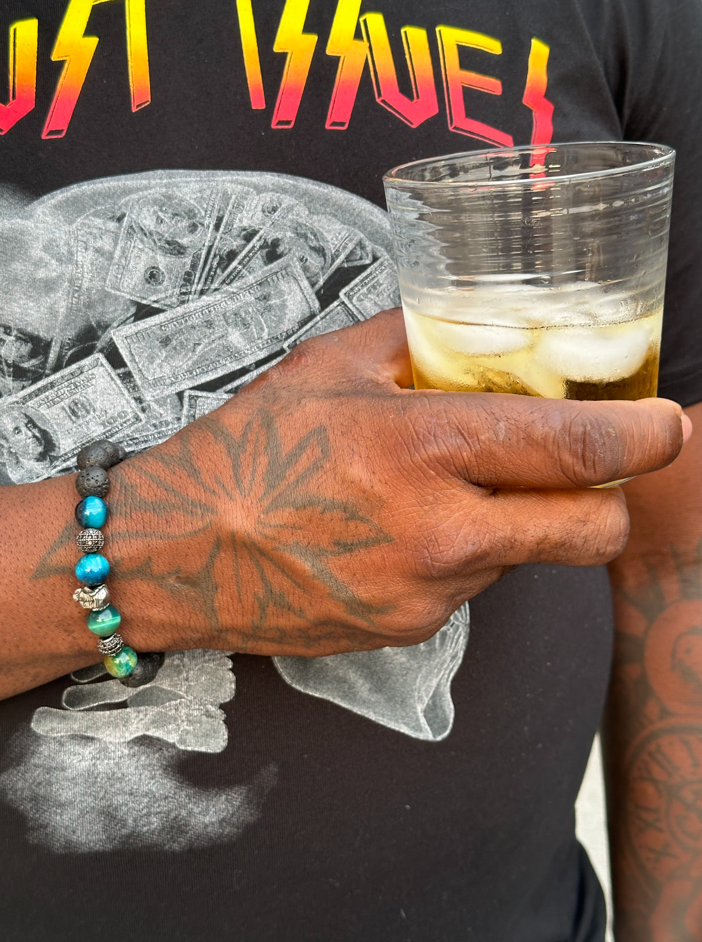 Lava Stone and Green Tiger Eye Bracelet with Tiger Charm