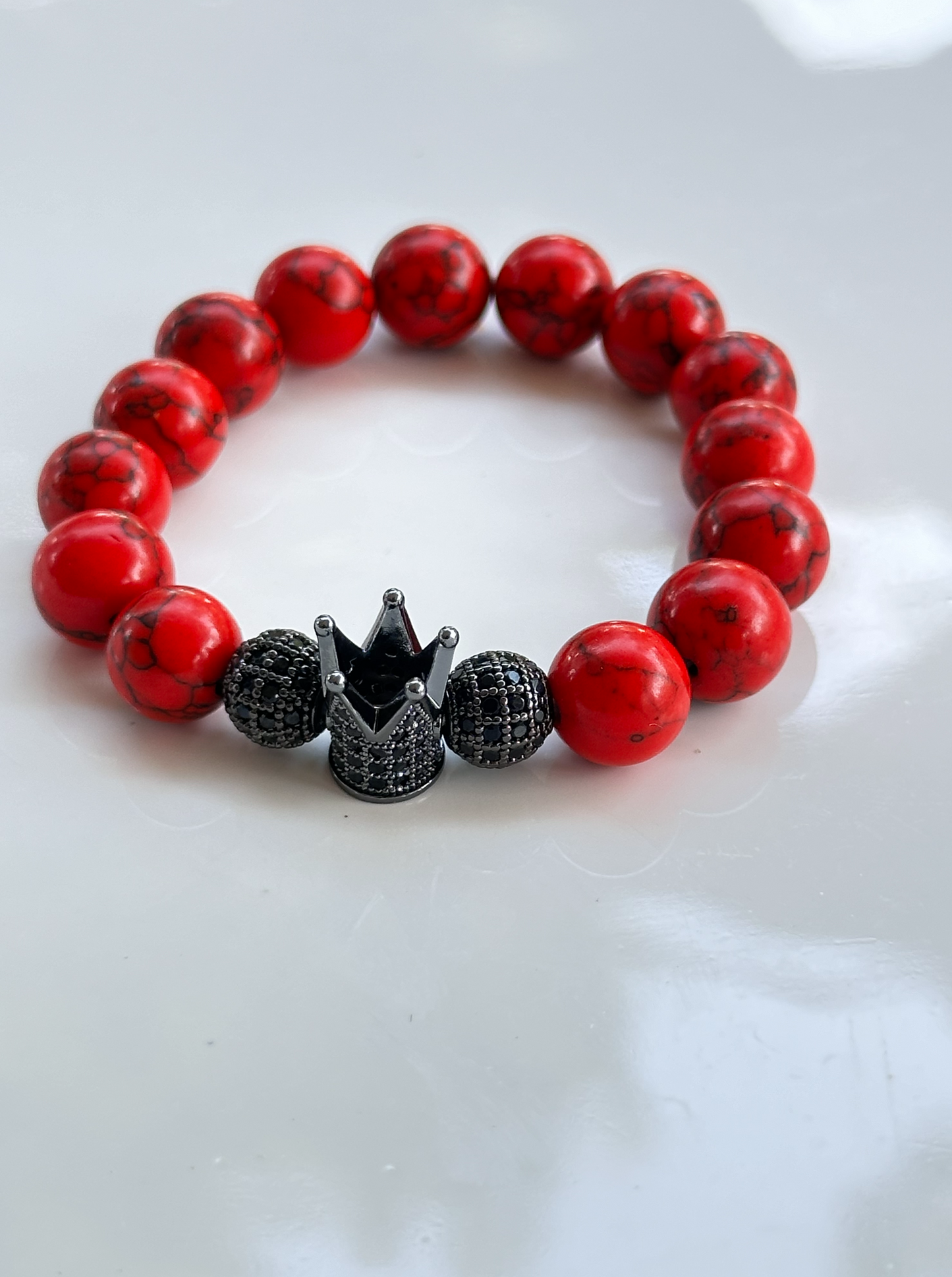 Red Turquoise and Black Lava Stone Bracelet with Crown Charm