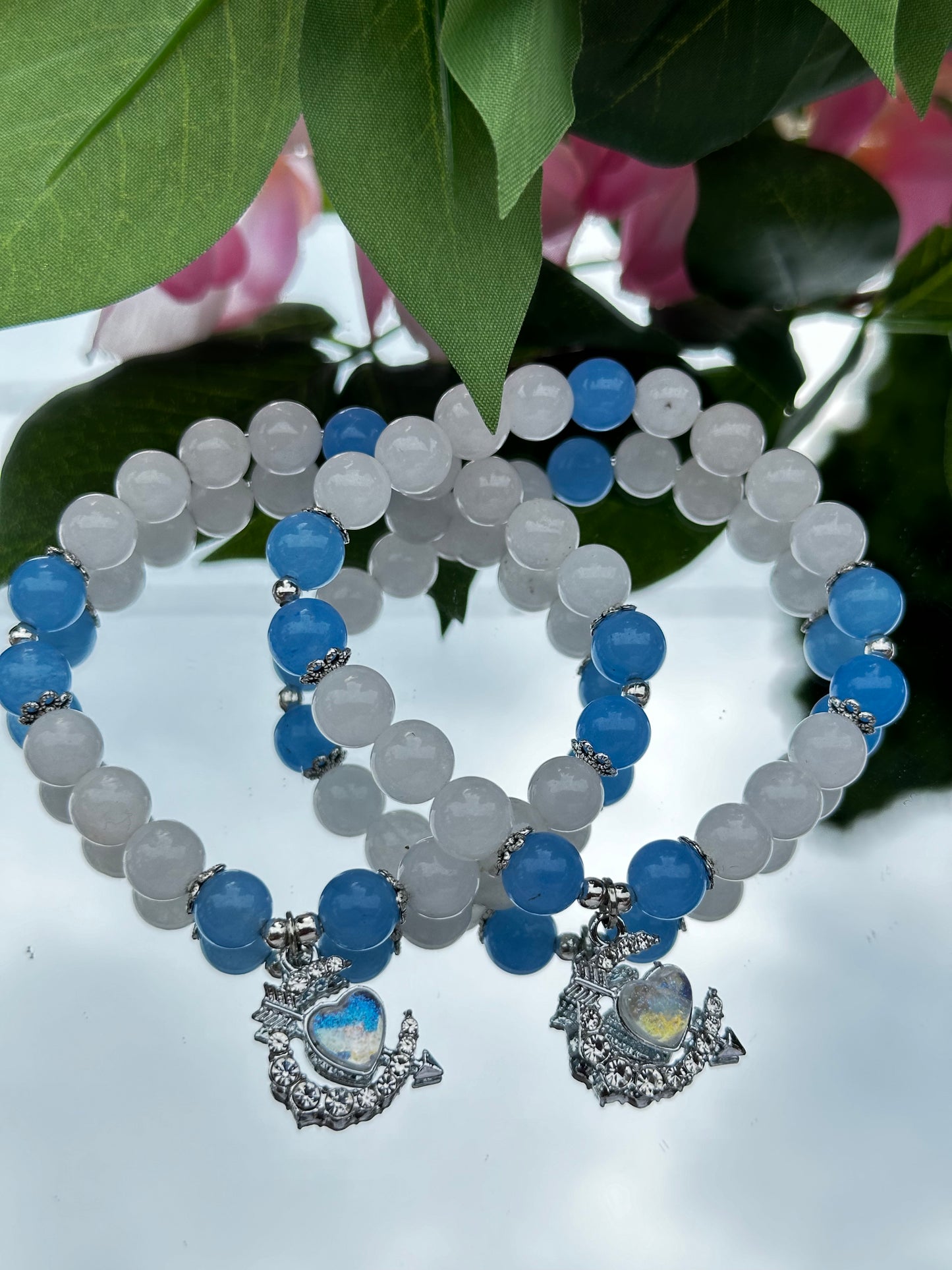 Blue and White Agate Bracelet with Arrow through the Heart Charm