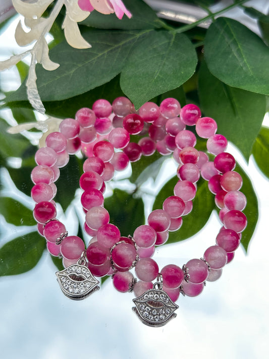 Pink Jade Bracelet with Lip Charm