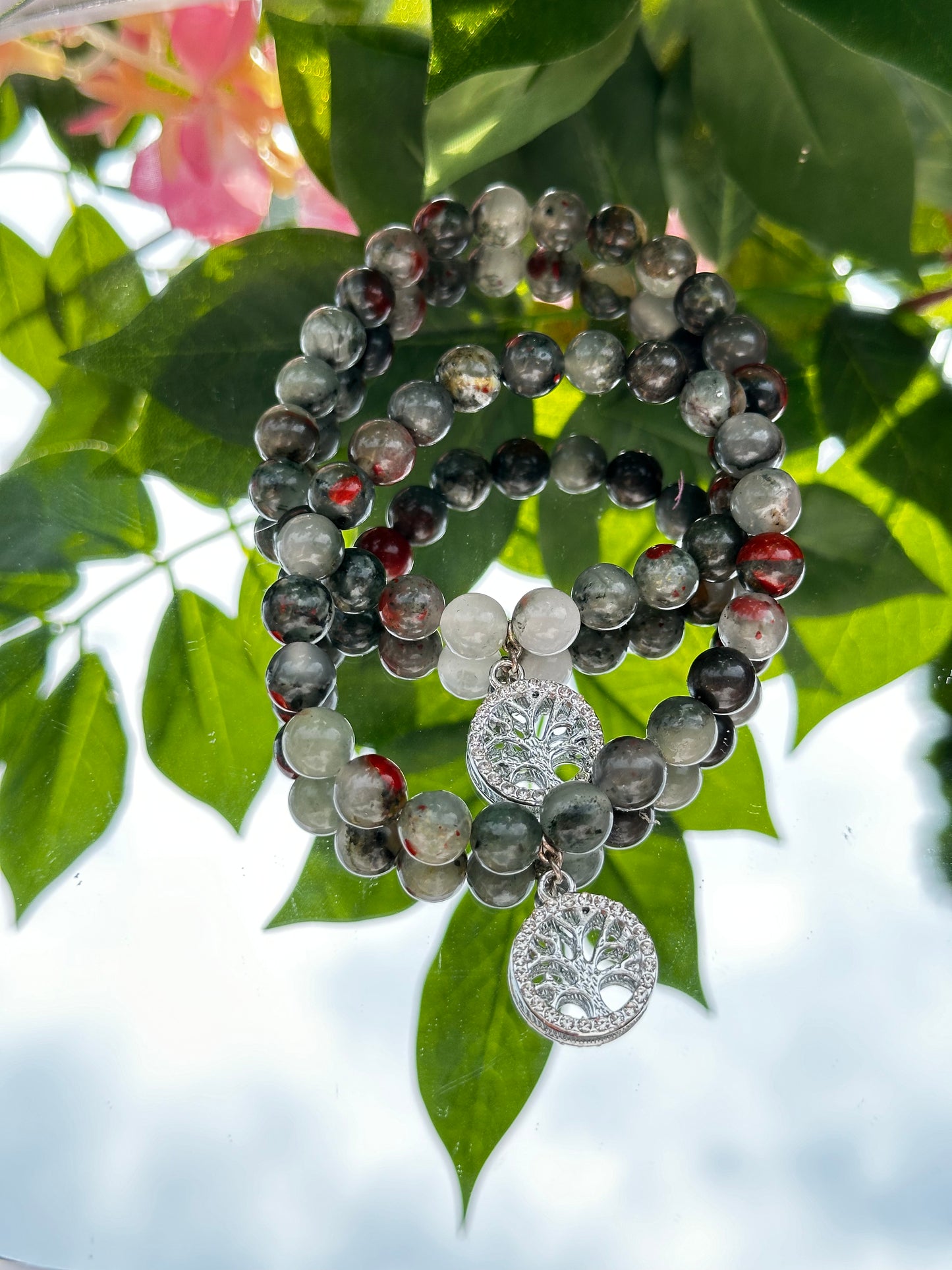 African Agate Bracelet with Tree of Life Charm