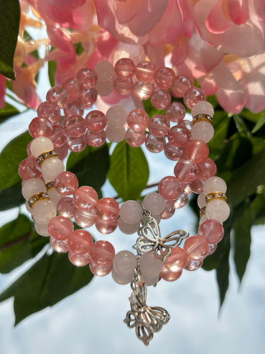 White Jade Bracelet and Pink Watermelon Quartz Bead with Butterfly Charm