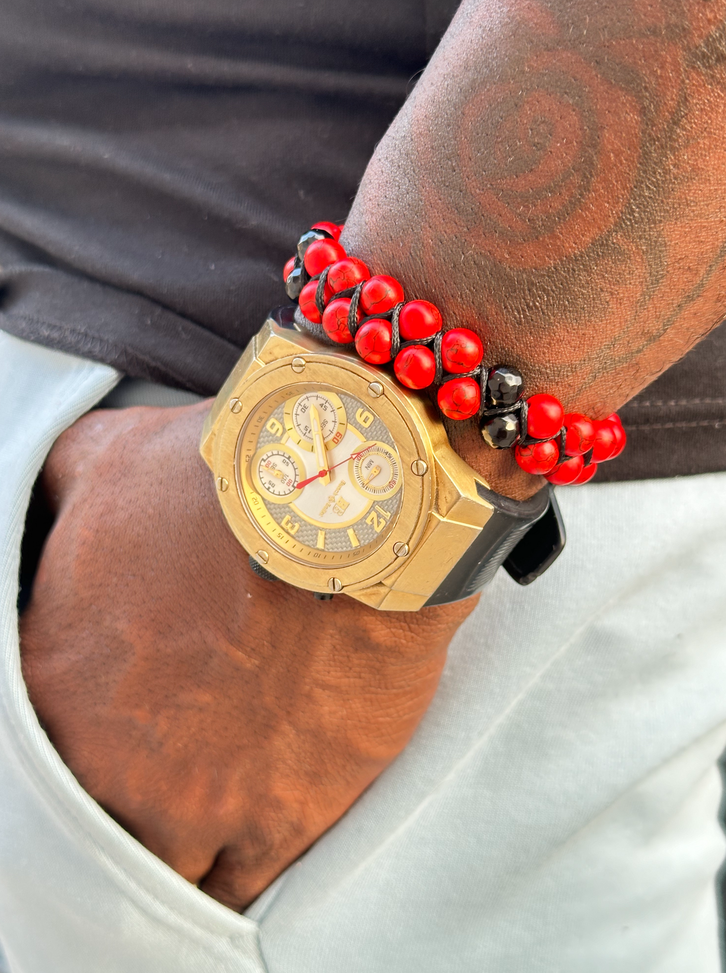 Double Row Red Turquoise and Black Onyx Bracelet