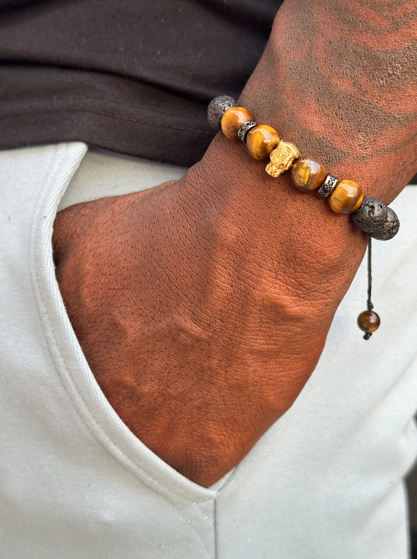 Lava Stone Mix and Tiger Eye Bracelet with Gold Tiger Charm