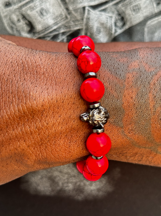 Red Turquoise and Hematite Bracelet with Wolf Charm