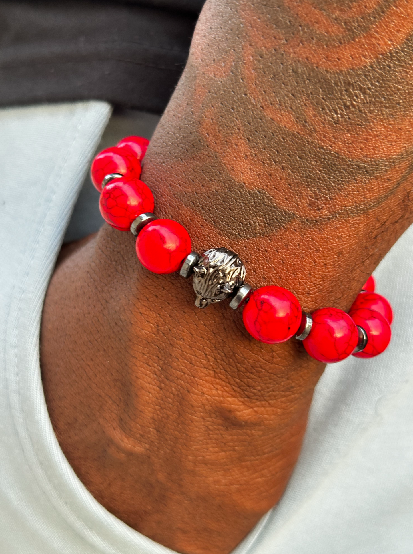 Red Turquoise and Hematite Bracelet with Wolf Charm