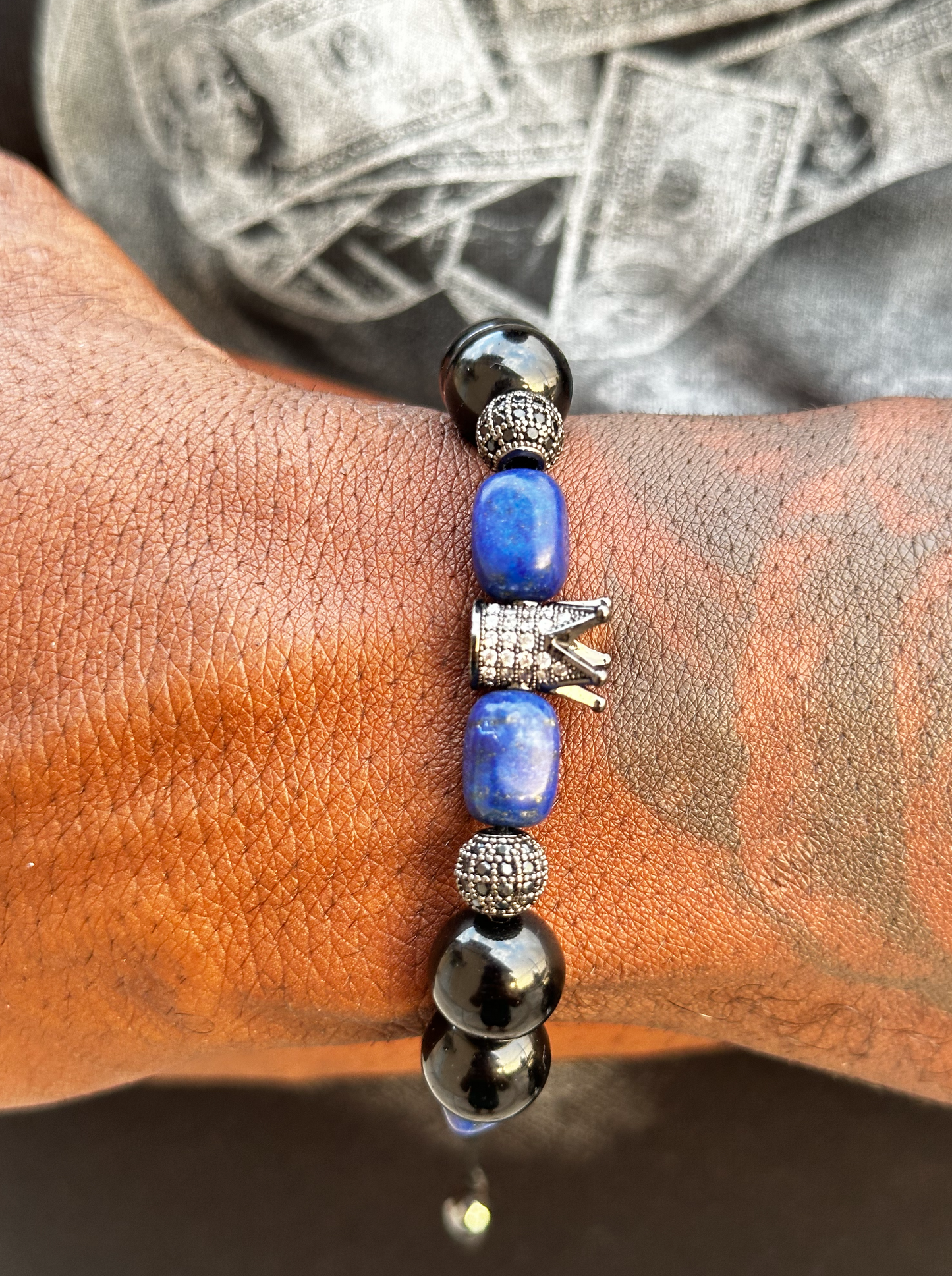 Black Onyx and Blue Lapis Lazuli Stone Bracelet with Crown Charm