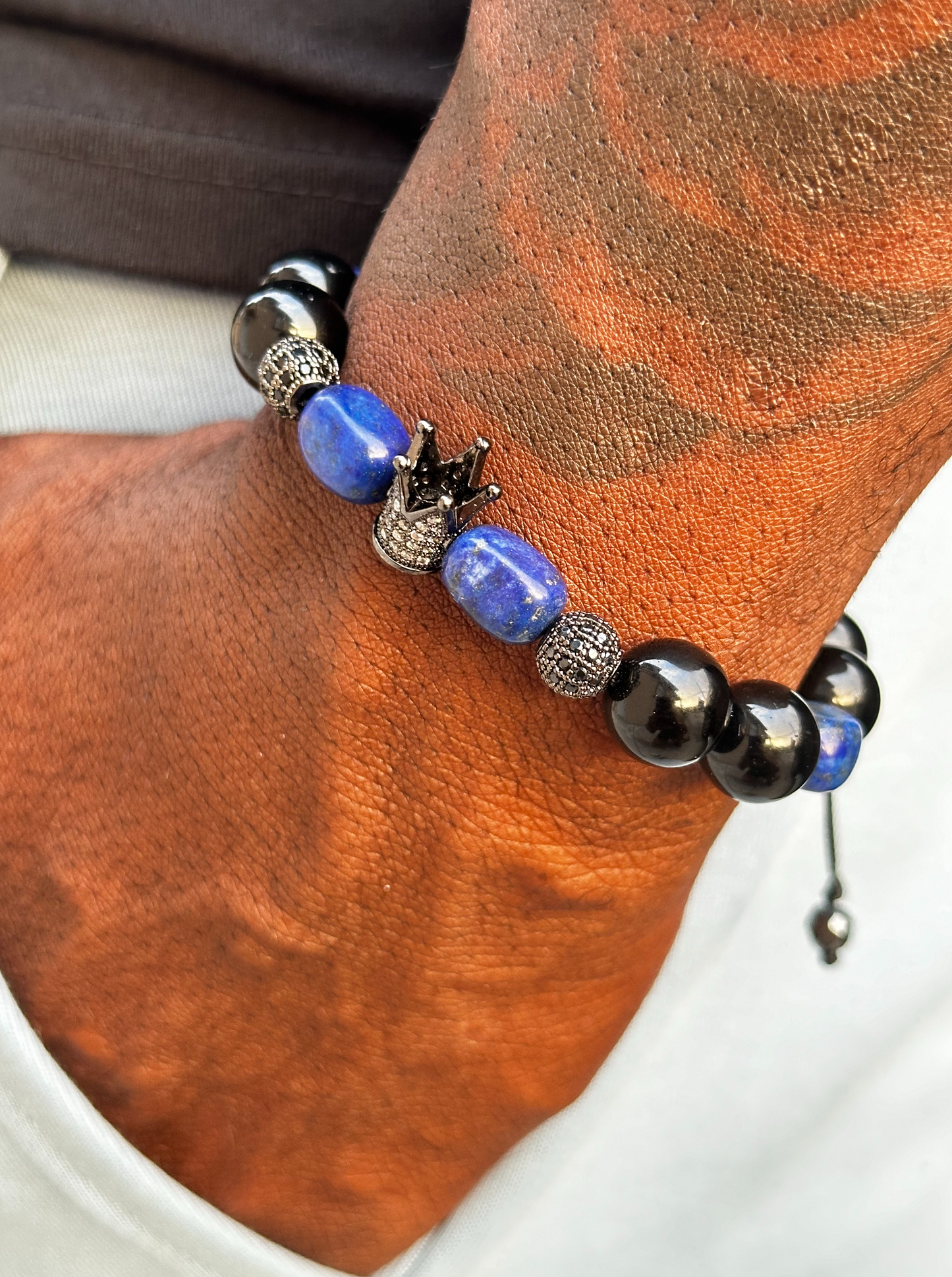 Black Onyx and Blue Lapis Lazuli Stone Bracelet with Crown Charm