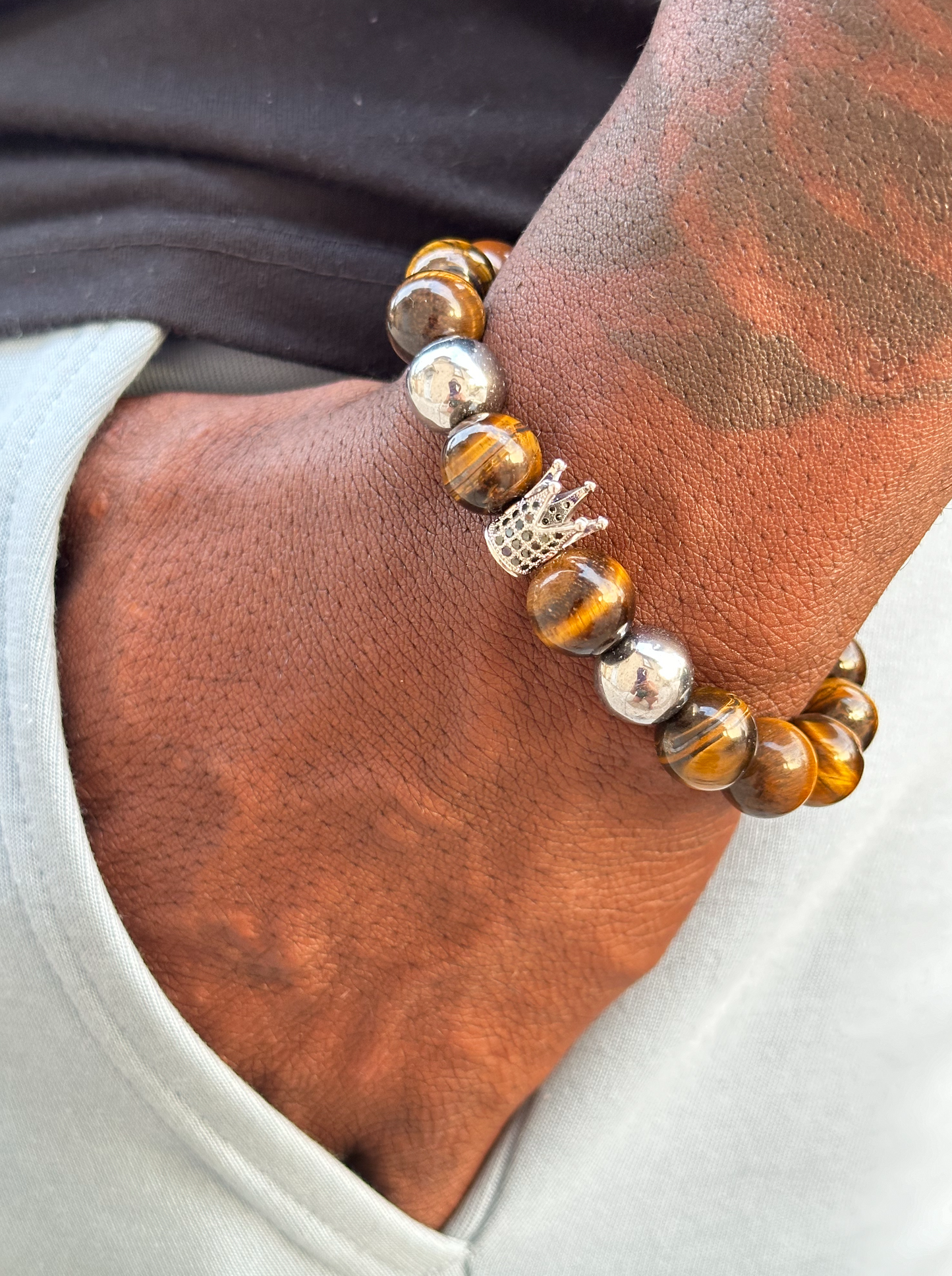 Tiger's Eye and Silver Hematite Bracelet with Crown Charm