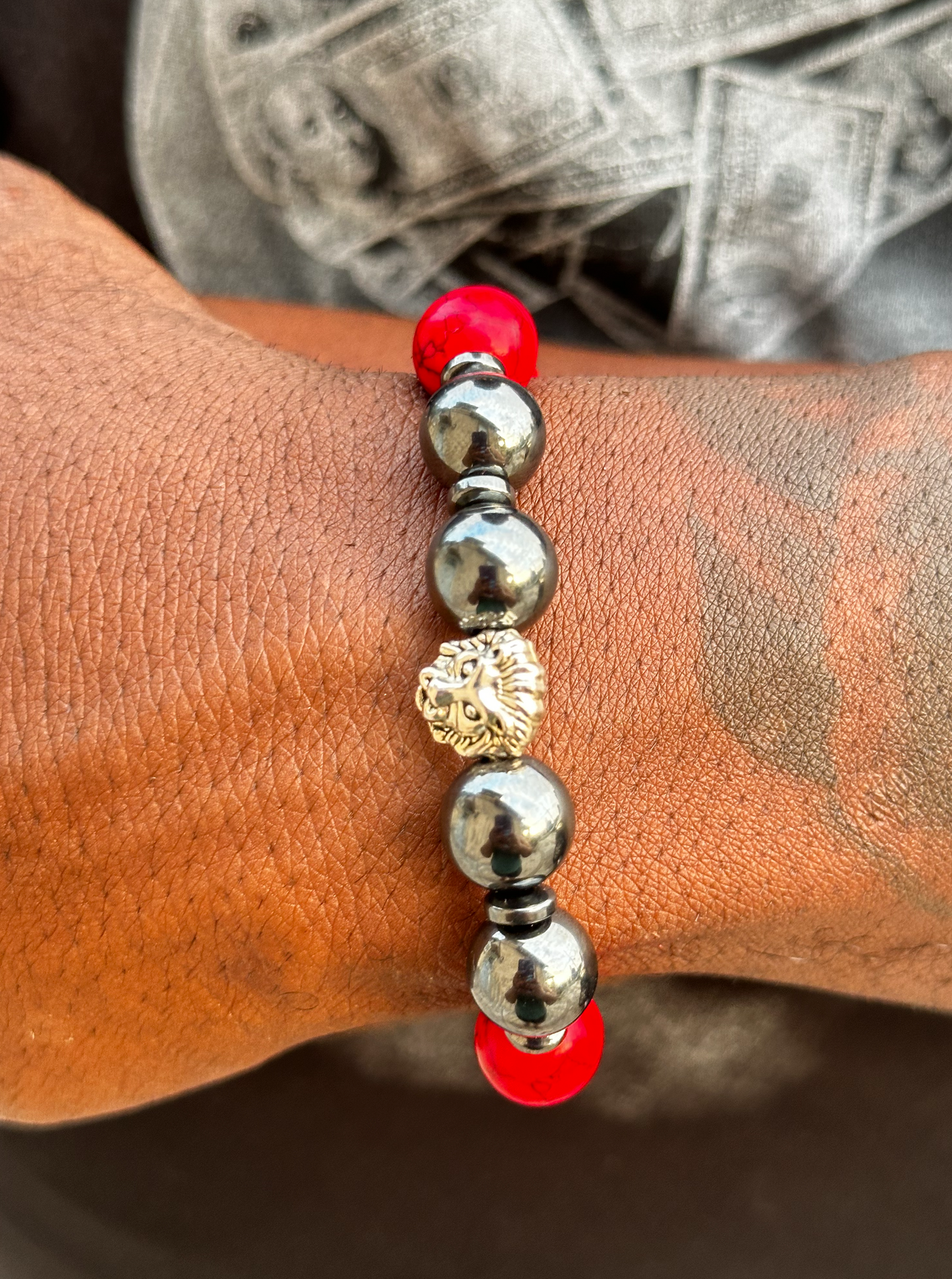 Red Turquoise and Black Hematite Bracelet with Lion Charm