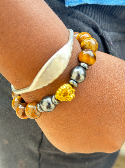 Tiger's Eye and Black Hematite with Gold Lion Charm