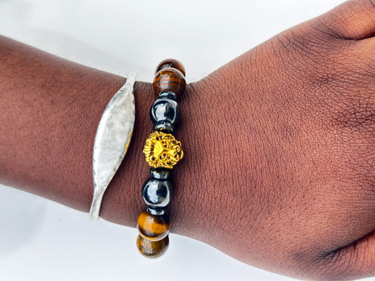 Tiger's Eye and Black Hematite with Gold Lion Charm