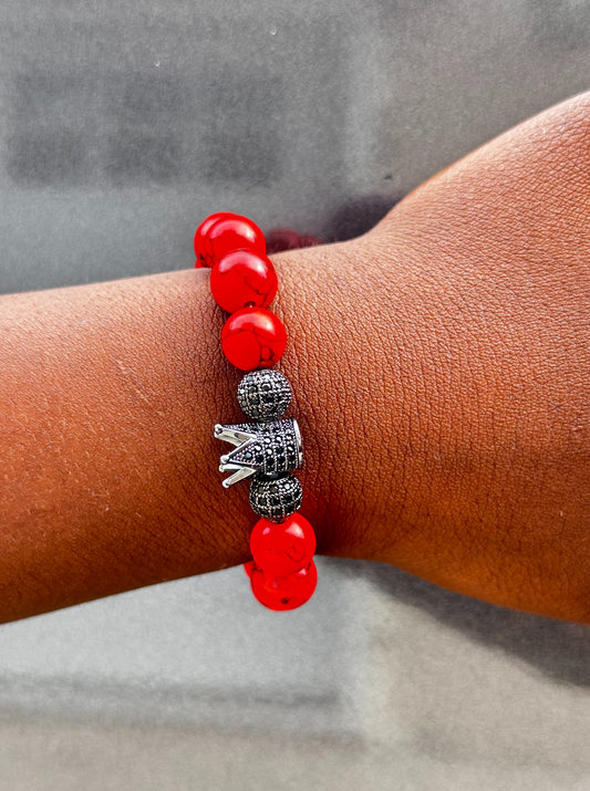 Red Turquoise and Black Lava Stone Bracelet with Crown Charm