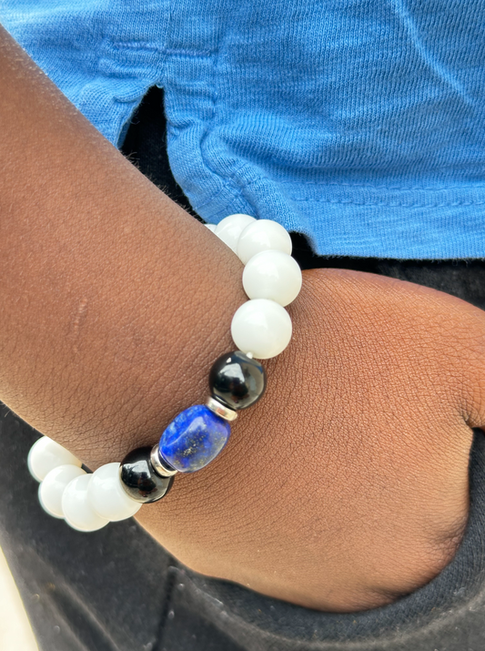 White Jade, Black Onyx and Blue Lapis Lazuli Bracelet