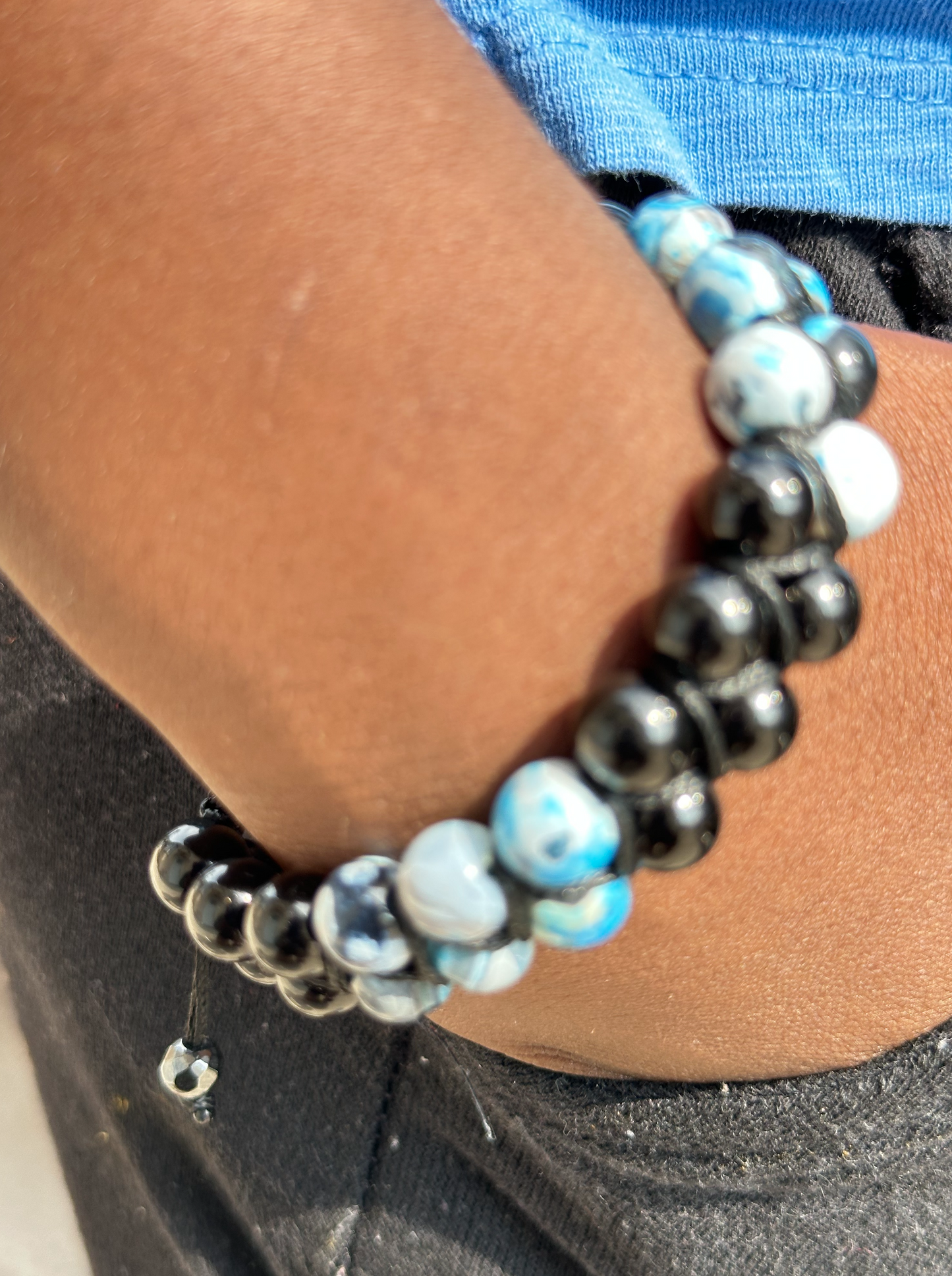 Double Row Blue Agate and Black Onyx Bracelet