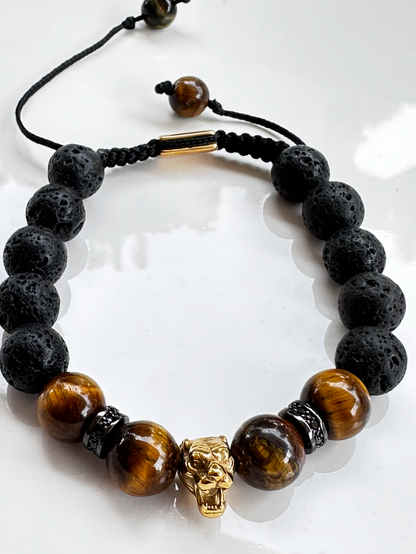 Lava Stone Mix and Tiger Eye Bracelet with Gold Tiger Charm