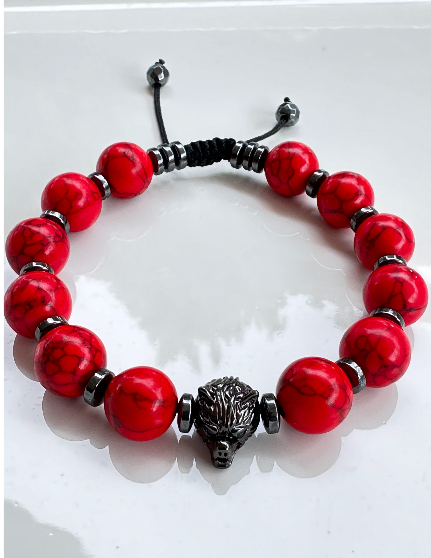 Red Turquoise and Hematite Bracelet with Wolf Charm