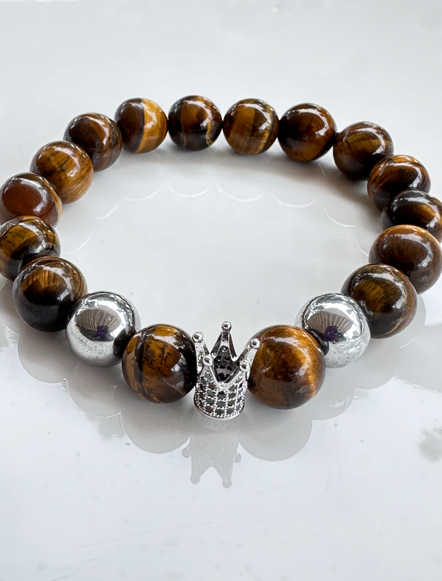 Tiger's Eye and Silver Hematite Bracelet with Crown Charm