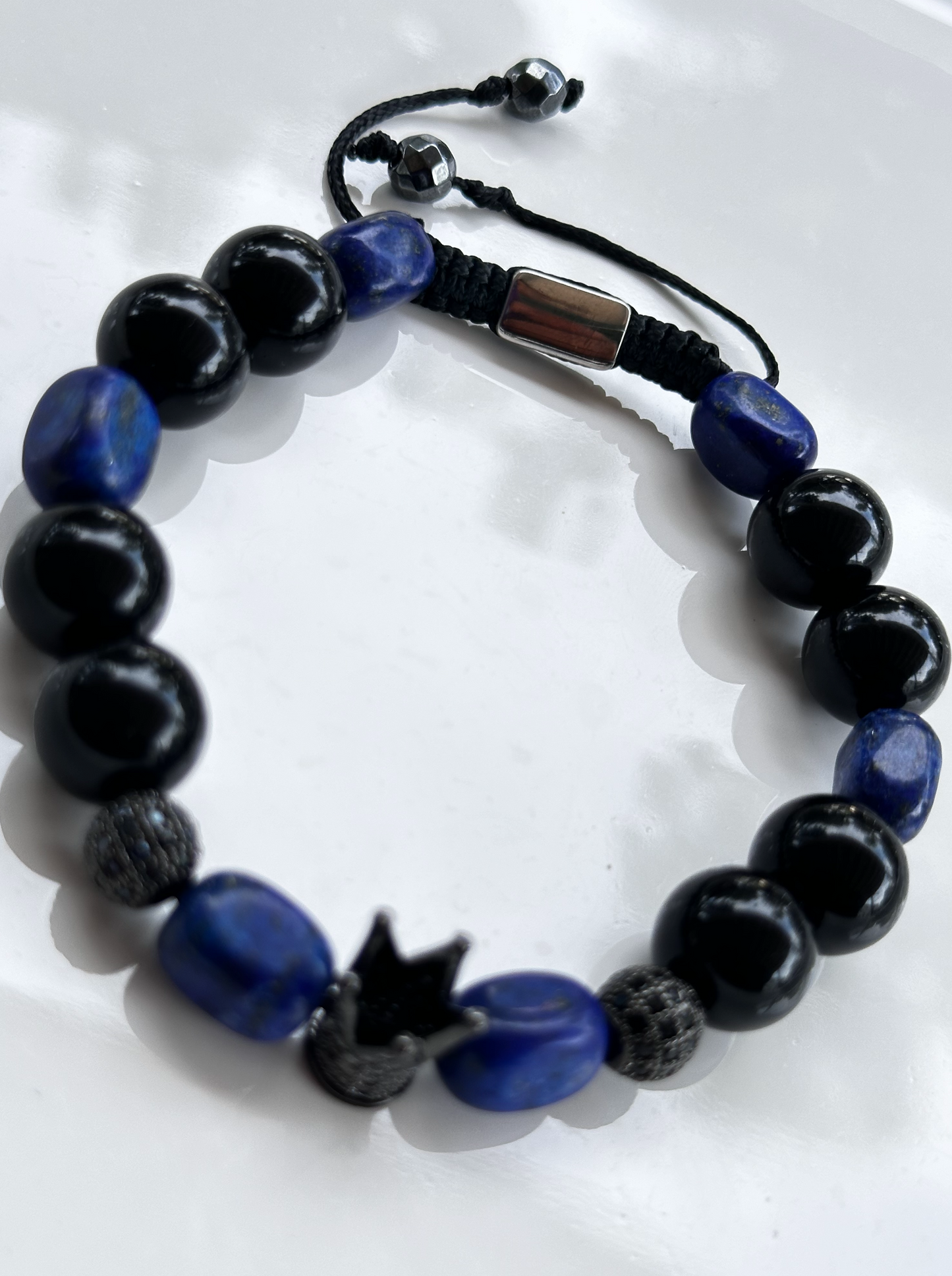 Black Onyx and Blue Lapis Lazuli Stone Bracelet with Crown Charm