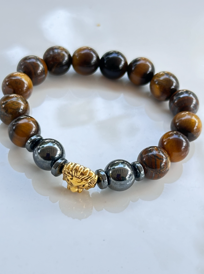 Tiger's Eye and Black Hematite with Gold Lion Charm